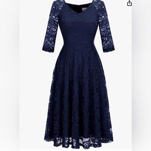 Dressystar 3/4 Sleeve A-Line Lace Dress Midi Navy NWT